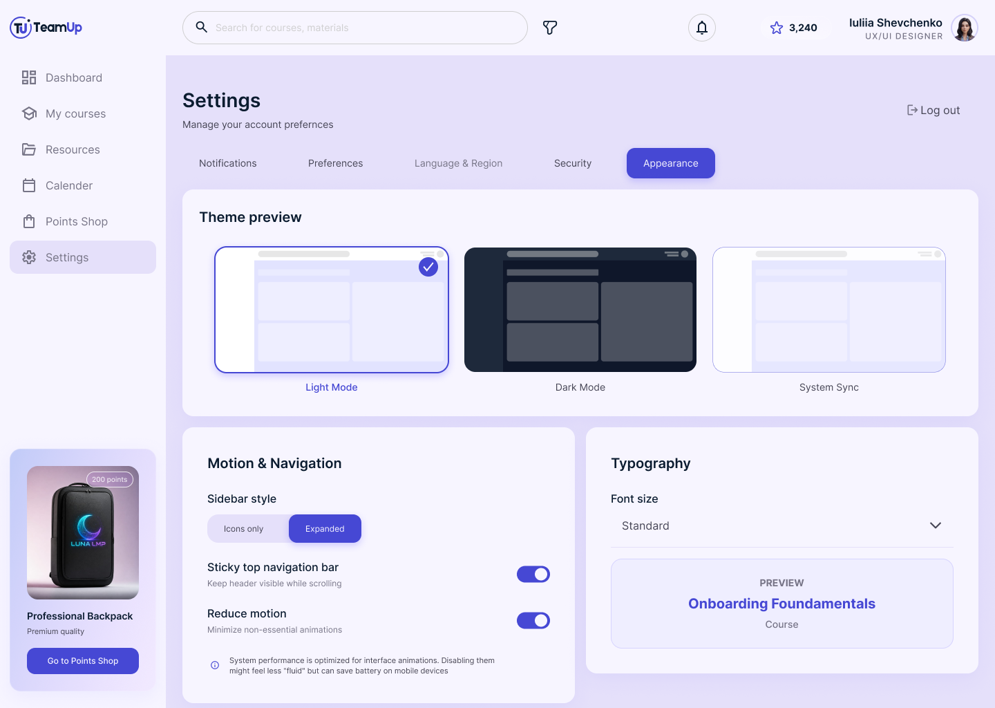 Team.UP theme picker — Light, Dark, and System Sync driven by the same color tokens
