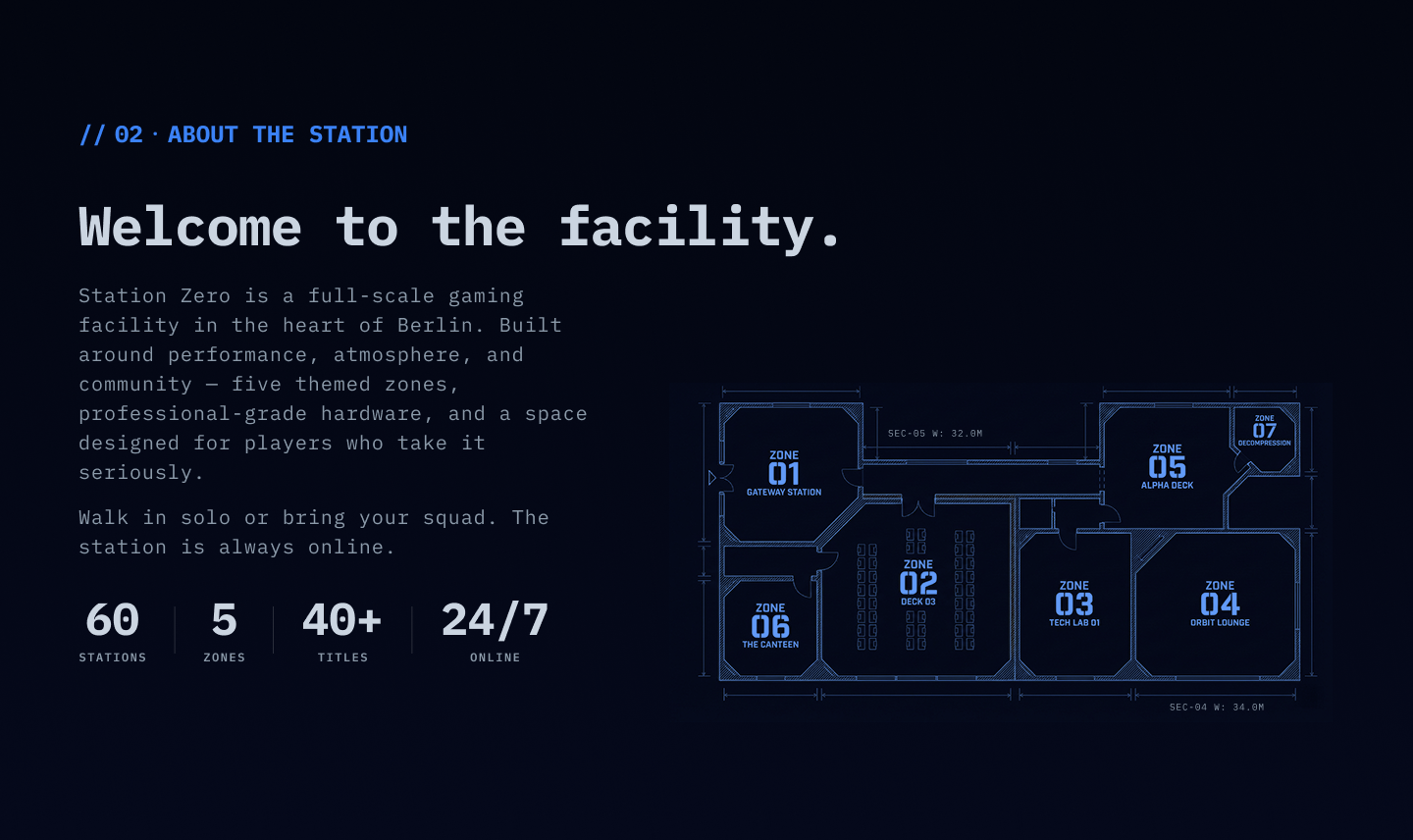 Zero Station facility section — welcome copy, key stats, and floor plan of the physical club