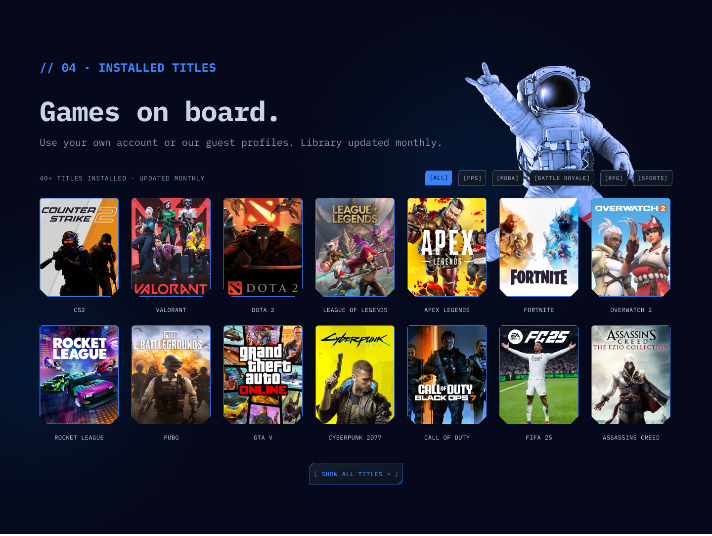 Zero Station game library — grid of titles with live status tags and genre labels