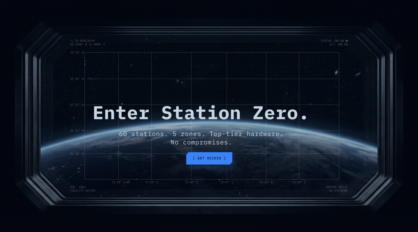 Zero Station landing page hero — dark space-station themed header with primary booking call to action