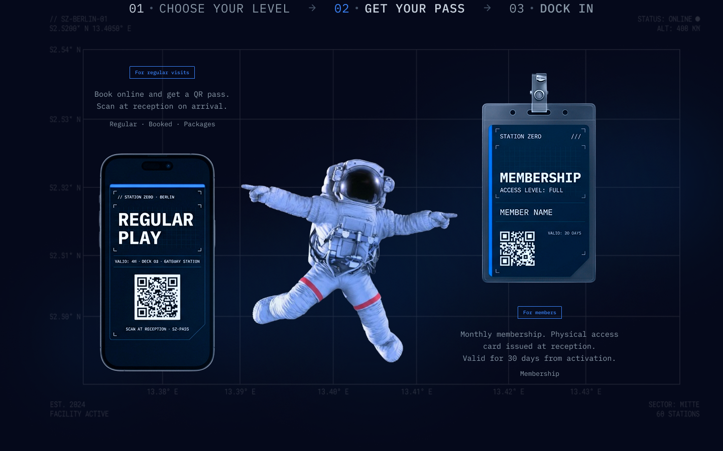 Zero Station how-it-works section — three-step booking flow shown as a docking sequence