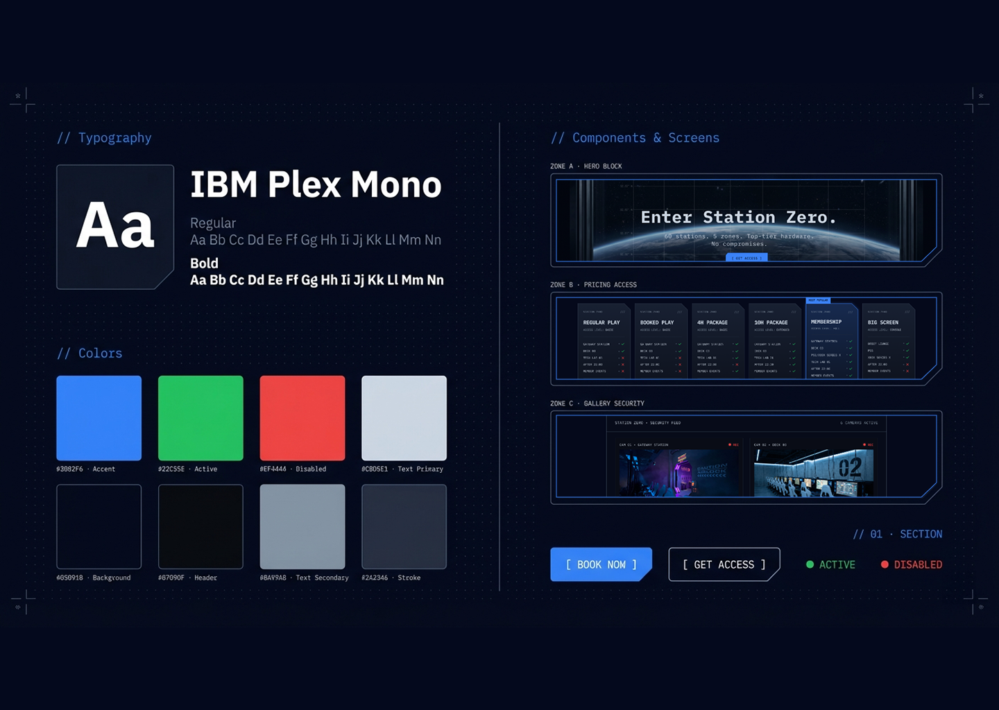 Zero Station UI kit — IBM Plex Mono type scale, the full color system, and core screen components (hero block, pricing access, gallery security)