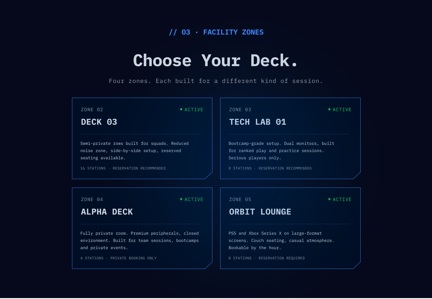 Zero Station zone selection — cards for each gaming zone including the VR deck